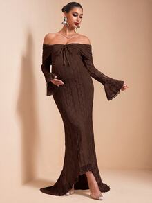 MaterniChic Maternity Lace Patchwork Off-Shoulder Casual Party Dress Fall - Brown - View 4