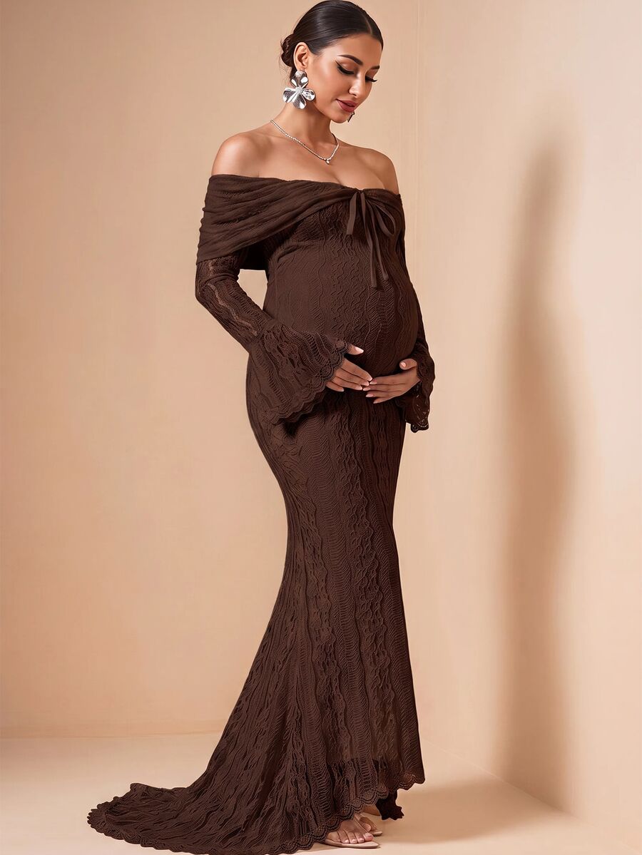 MaterniChic Maternity Lace Patchwork Off-Shoulder Casual Party Dress Fall - Brown - View 1