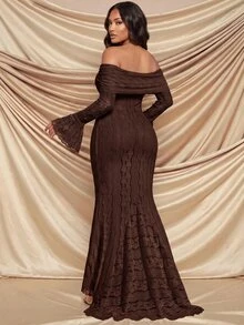 MaterniChic Maternity Lace Patchwork Off-Shoulder Casual Party Dress Fall - Brown - View 3
