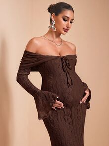 MaterniChic Maternity Lace Patchwork Off-Shoulder Casual Party Dress Fall - Brown - View 7
