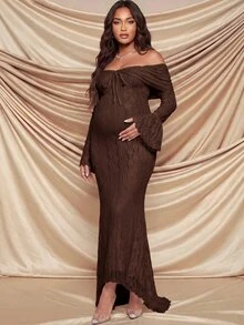 MaterniChic Maternity Lace Patchwork Off-Shoulder Casual Party Dress Fall - Brown - View 9