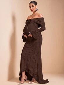 MaterniChic Maternity Lace Patchwork Off-Shoulder Casual Party Dress Fall - Brown - View 5