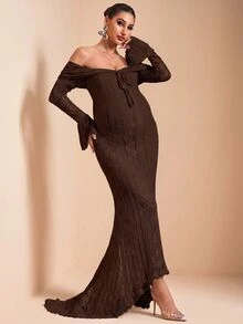 MaterniChic Maternity Lace Patchwork Off-Shoulder Casual Party Dress Fall - Brown - View 6