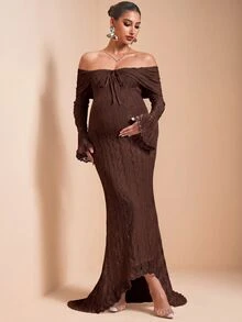 MaterniChic Maternity Lace Patchwork Off-Shoulder Casual Party Dress Fall - Brown - View 10