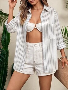 Vaclyn Women's Minimalist Striped Color Block Pocket Single-Breasted Long Sleeve Shirt - White - View 3
