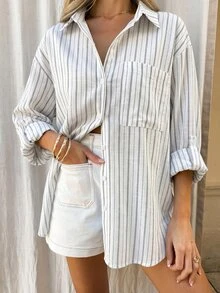Vaclyn Women's Minimalist Striped Color Block Pocket Single-Breasted Long Sleeve Shirt - White - View 12