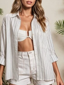 Vaclyn Women's Minimalist Striped Color Block Pocket Single-Breasted Long Sleeve Shirt - White - View 4