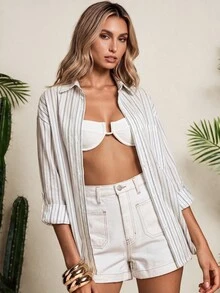 Vaclyn Women's Minimalist Striped Color Block Pocket Single-Breasted Long Sleeve Shirt - White - View 6