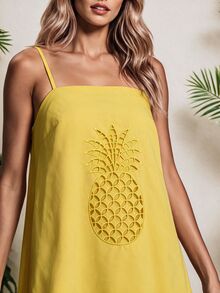 Vaclyn Women's Casual Tropical Vacation Pineapple Hollow Embroidery Spaghetti Strap Dress Vacation Butter Yellow Summer - Yellow - View 7