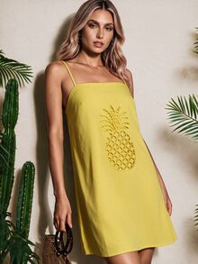 Vaclyn Women's Casual Tropical Vacation Pineapple Hollow Embroidery Spaghetti Strap Dress Vacation Butter Yellow Summer - Yellow - View 5