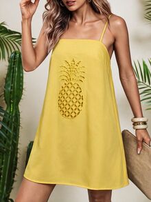 Vaclyn Women's Casual Tropical Vacation Pineapple Hollow Embroidery Spaghetti Strap Dress Vacation Butter Yellow Summer - Yellow - View 4