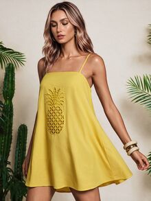 Vaclyn Women's Casual Tropical Vacation Pineapple Hollow Embroidery Spaghetti Strap Dress Vacation Butter Yellow Summer - Yellow - View 6