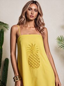 Vaclyn Women's Casual Tropical Vacation Pineapple Hollow Embroidery Spaghetti Strap Dress Vacation Butter Yellow Summer - Yellow - View 1