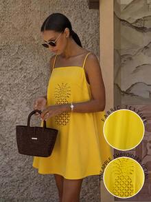 Vaclyn Women's Casual Tropical Vacation Pineapple Hollow Embroidery Spaghetti Strap Dress Vacation Butter Yellow Summer - Yellow - View 8