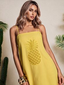 Vaclyn Women's Casual Tropical Vacation Pineapple Hollow Embroidery Spaghetti Strap Dress Vacation Butter Yellow Summer - Yellow - View 3