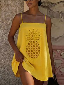 Vaclyn Women's Casual Tropical Vacation Pineapple Hollow Embroidery Spaghetti Strap Dress Vacation Butter Yellow Summer - Yellow - View 12