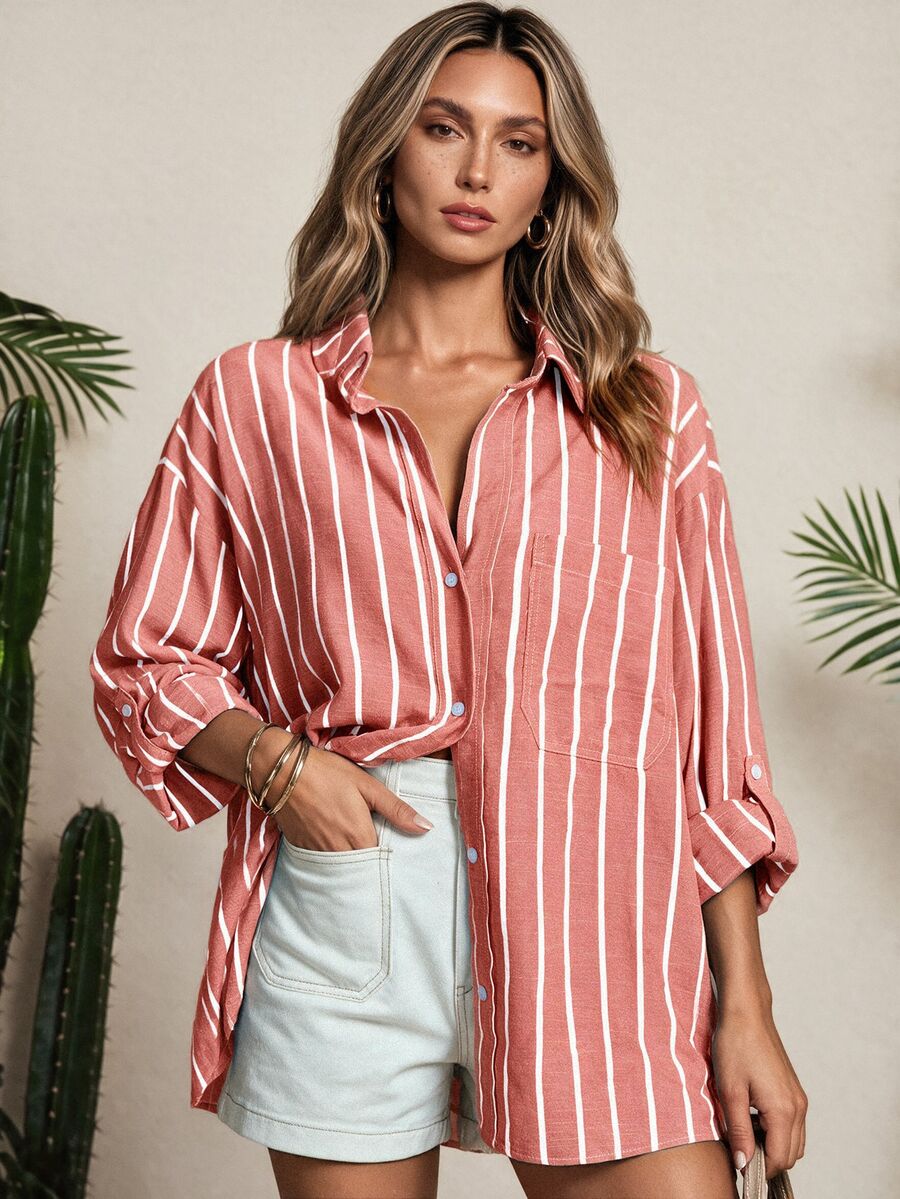 Vaclyn Women's Spring & Summer Loose Casual Striped Raglan Sleeve Blouse Women Shirt - Redwood - View 1