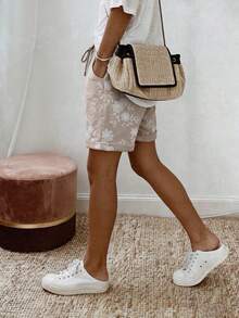 Vaclyn Women's Casual Vacation Fashion Jacquard Drawstring Waist Pocket Shorts Vacation Beach Beige Summer - Khaki - View 11