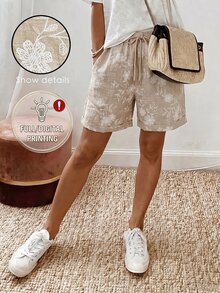 Vaclyn Women's Casual Vacation Fashion Jacquard Drawstring Waist Pocket Shorts Vacation Beach Beige Summer - Khaki - View 9
