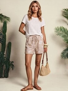 Vaclyn Women's Casual Vacation Fashion Jacquard Drawstring Waist Pocket Shorts Vacation Beach Beige Summer - Khaki - View 3