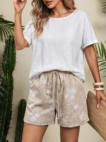 Vaclyn Women's Casual Vacation Fashion Jacquard Drawstring Waist Pocket Shorts Vacation Beach Beige Summer - Khaki - View 7