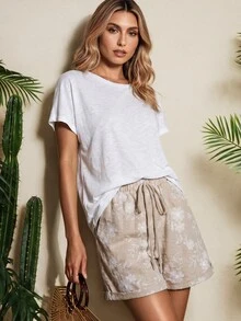 Vaclyn Women's Casual Vacation Fashion Jacquard Drawstring Waist Pocket Shorts Vacation Beach Beige Summer - Khaki - View 4