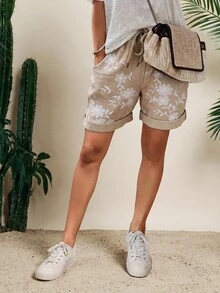 Vaclyn Women's Casual Vacation Fashion Jacquard Drawstring Waist Pocket Shorts Vacation Beach Beige Summer - Khaki - View 1
