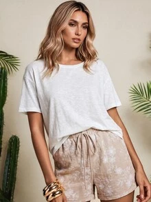 Vaclyn Women's Casual Vacation Fashion Jacquard Drawstring Waist Pocket Shorts Vacation Beach Beige Summer - Khaki - View 6