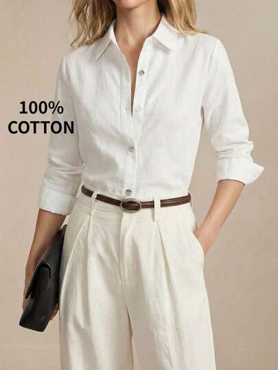 SHEIN X ITS MICH BizChic White Women's Shirt, Spring, Lapel Collar, Front Opening, Single-Breasted Button, Elegant Minimalist Casual Commute Date Daily Vacation Independence Day Graduation Season Music Festival Slimming Elegant Versatile High-End Summer Social Holiday Party Outing Beach Office French Vintage Fresh