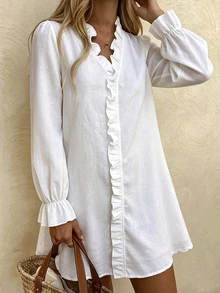 Vaclyn Women's Fashion Elegant Solid Color Frill Trim Casual Vacation Dress - White - View 11