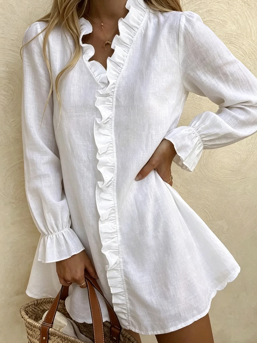 Vaclyn Women's Fashion Elegant Solid Color Frill Trim Casual Vacation Dress - White - View 1