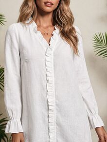 Vaclyn Women's Fashion Elegant Solid Color Frill Trim Casual Vacation Dress - White - View 6