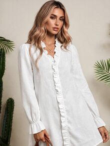 Vaclyn Women's Fashion Elegant Solid Color Frill Trim Casual Vacation Dress - White - View 3