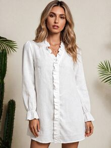Vaclyn Women's Fashion Elegant Solid Color Frill Trim Casual Vacation Dress - White - View 7
