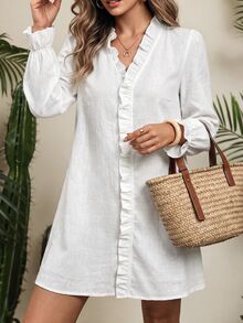 Vaclyn Women's Fashion Elegant Solid Color Frill Trim Casual Vacation Dress - White - View 5