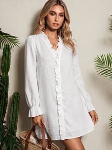 Vaclyn Women's Fashion Elegant Solid Color Frill Trim Casual Vacation Dress - White - View 8