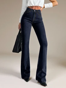 SHEIN Tall Women's High Waist Pocket Casual Flare Jeans - Blue - View 1