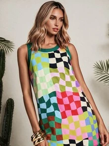 Vaclyn 女士休闲彩色棋盘格印花无袖迷你连衣裙，适合度假 - 彩色 - 查看 8
