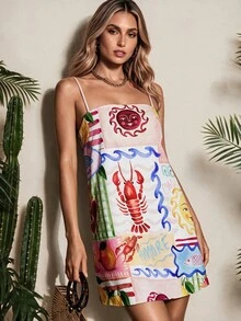 Vaclyn Women's Summer Beach Vacation Style Patchwork Print Loose Mini Cami Dress - Multicolor - View 4
