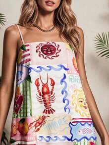 Vaclyn Women's Summer Beach Vacation Style Patchwork Print Loose Mini Cami Dress - Multicolor - View 7