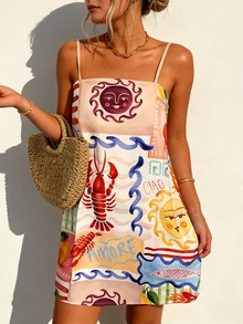 Vaclyn Women's Summer Beach Vacation Style Patchwork Print Loose Mini Cami Dress - Multicolor - View 12