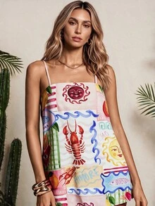 Vaclyn Women's Summer Beach Vacation Style Patchwork Print Loose Mini Cami Dress - Multicolor - View 6
