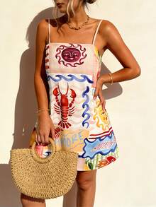 Vaclyn Women's Summer Beach Vacation Style Patchwork Print Loose Mini Cami Dress - Multicolor - View 10