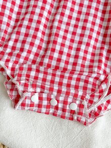 SHEIN 女嬰連身衣 春秋款 格紋刺繡長袖 甜美田園風 蕾絲飾邊 戶外度假穿搭 卡其色黑色印花連身衣 - 粉色 - 查看 5