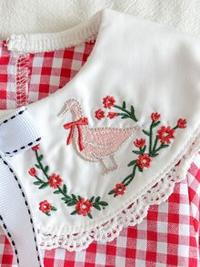 SHEIN 女嬰連身衣 春秋款 格紋刺繡長袖 甜美田園風 蕾絲飾邊 戶外度假穿搭 卡其色黑色印花連身衣 - 粉色 - 查看 6