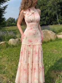 SHEIN MOD Gaun Wanita Tanpa Lengan Model Halter Neck Motif Mawar Warna Pink - Gaya Manis dan Feminin; Sempurna untuk Liburan, Pesta, Kencan, dan Pakaian Musim Gugur - MultiWarna - View 1