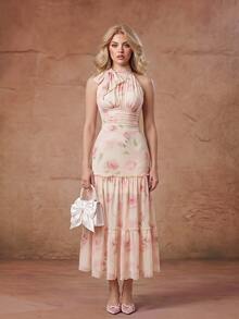 SHEIN MOD Gaun Wanita Tanpa Lengan Model Halter Neck Motif Mawar Warna Pink - Gaya Manis dan Feminin; Sempurna untuk Liburan, Pesta, Kencan, dan Pakaian Musim Gugur - MultiWarna - View 3