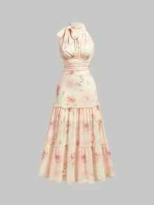 SHEIN MOD Gaun Wanita Tanpa Lengan Model Halter Neck Motif Mawar Warna Pink - Gaya Manis dan Feminin; Sempurna untuk Liburan, Pesta, Kencan, dan Pakaian Musim Gugur - MultiWarna - View 4