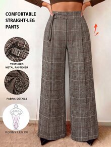SHEIN LUNE CURVE Plus Size Women's Autumn/Winter Brown Plaid Fabric Side Waist Metal Buckle Design Minimalist Straight Leg Pants, Suitable For Commuting, Work, Shopping And Daily Wear - Multicolor - View 8
