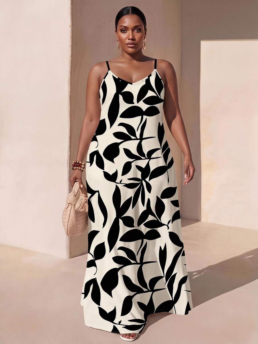 Zivah Plus Size Vacation Colorblock Leaf Print Casual Elegant Sleeveless Dress, Flowy Suitable For Going Out Formal Chic All White Summer - Black and White - View 1